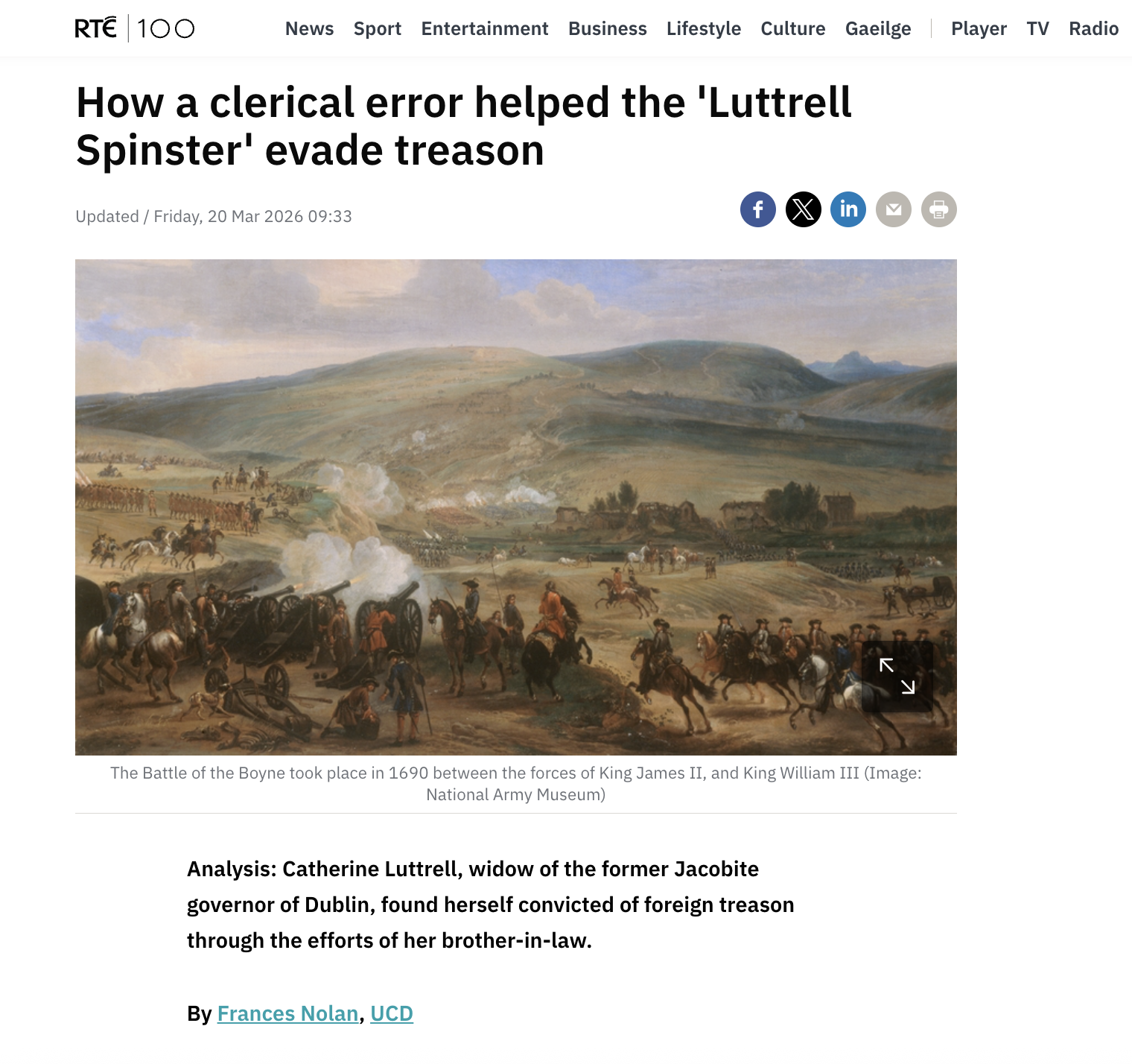 RTÉ BRAINSTORM ARTICLE – How a clerical error helped the ‘Luttrell Spinster’ evade treason